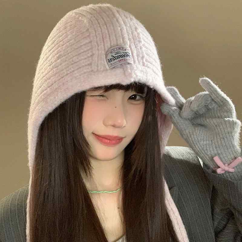 Rakuten - ニット帽 レディース 秋冬 保暖 厚手 耳紐付き セットアップ 韓国風 大きめ頭回り 顔映り 小さめ 純色 セットオン 暖か ヘッドウェア ウール調 ビッグシルエット ソフト素材 日常使い ウィンター アクセサリー
