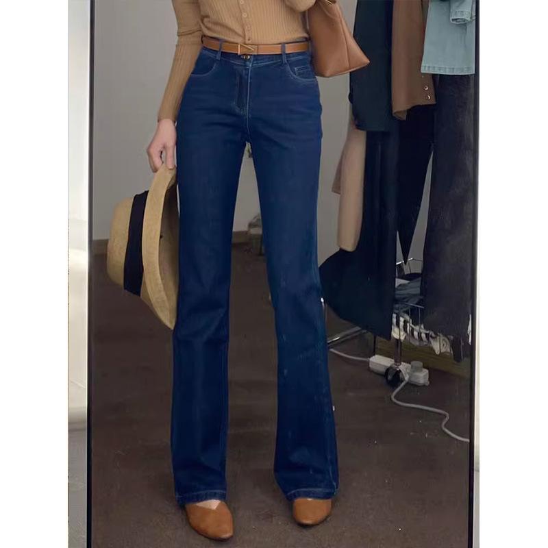 Rakuten - レディース デニムパンツ ハイウエスト ブルー 秋冬 スリム ストレート フレア ロング 軽量 伸縮性 普段使い 通勤用 すっきりシルエット 脚長効果 コットン混 再生繊維 細身 マイクロフレア 筒型 馬蹄袖風 牛仔 ジーンズ トップス ボトムス