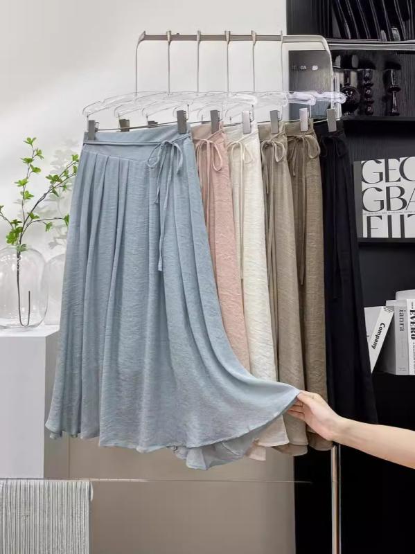 スカート 女性用 ミディ丈 プリーツ フレア Aライン ロングスカート 再生繊維 綿麻 切り替え ハイウエスト ボヘミアン 風 軽量 伸縮性 吸湿速乾 普段使い 通勤用 カジュアルスタイル ブラック ベージュ ピンク系 グレー 春夏 秋冬