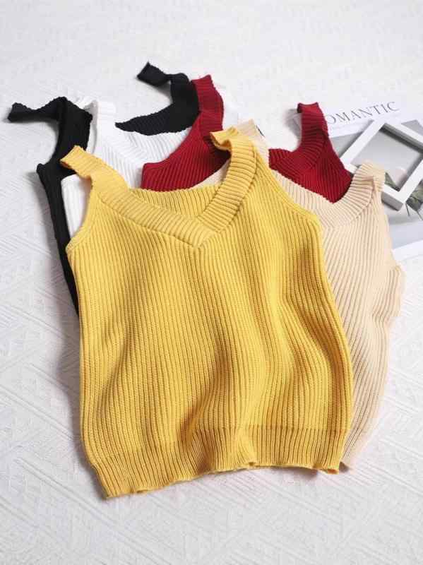 夏季 レディース ニット トップス 無袖 ベアトップ 短丈 シンプル Vネック 純色 デザイン かわいい 接触冷感 吸湿速乾 軽量 綿混 春夏 普段使い カジュアル ピンク系 アイボリー ブラック