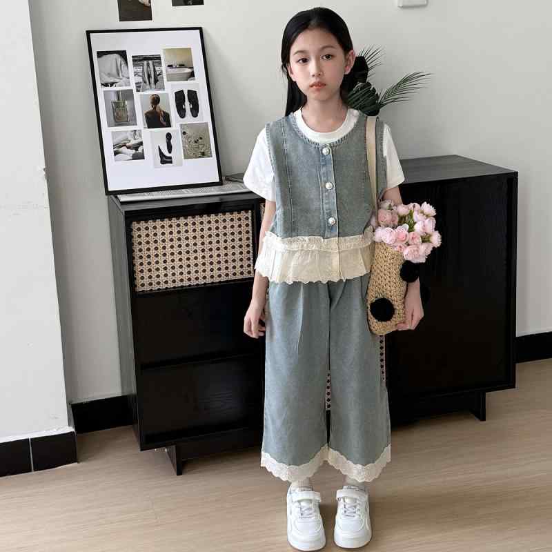 樂天商城 - 女の子 無袖 ベスト 花柄 国風 夏 セット トップス 七分丈 ショートパンツ 白 綿 軽量 吸湿速乾 かわいい 普段使い 春夏 子供服 3点セット