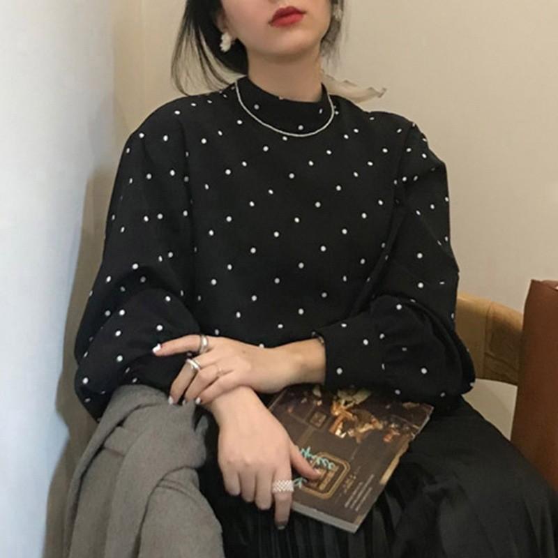 レディース シャツ トップス 韓風 フレンチ 復古 ブラック ホワイト ポルカドット 半高領 ゆったり ラグランスリーブ 切り替え 長袖 イ..
