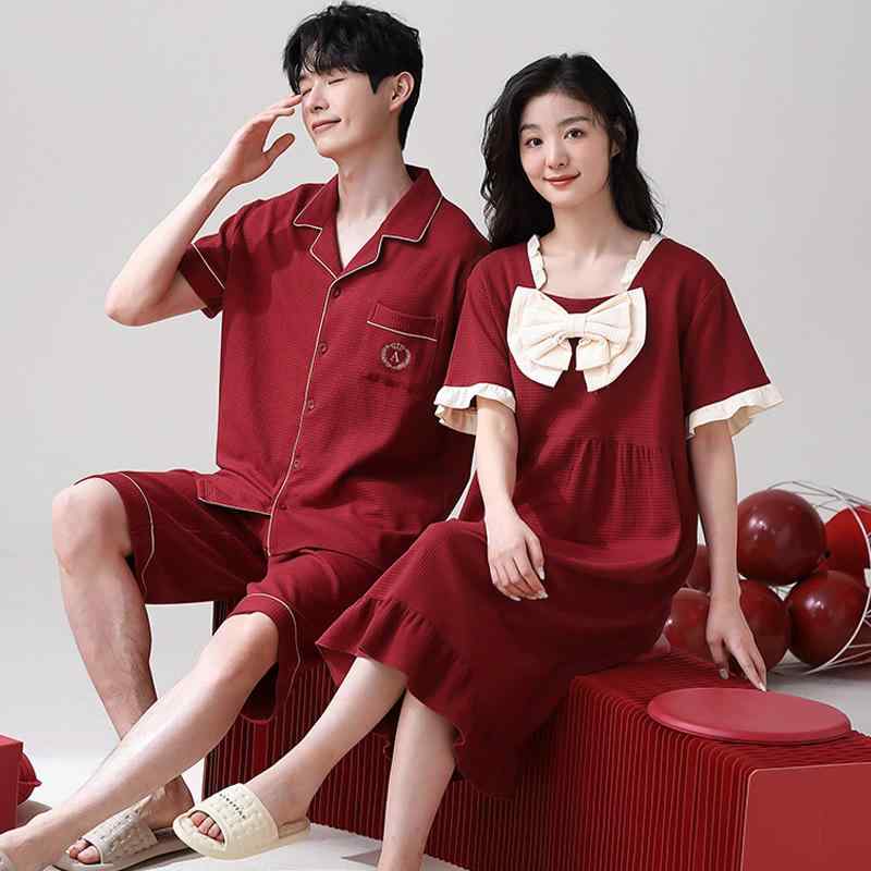 カップル パジャマ 純棉 赤 夏 短袖 短パン 寝間着 女性 ホームウェア 男性 ルームウェア 吸湿速乾 軽量 通年 通勤 通学 寝具 ベッドルーム ファミリー シェア