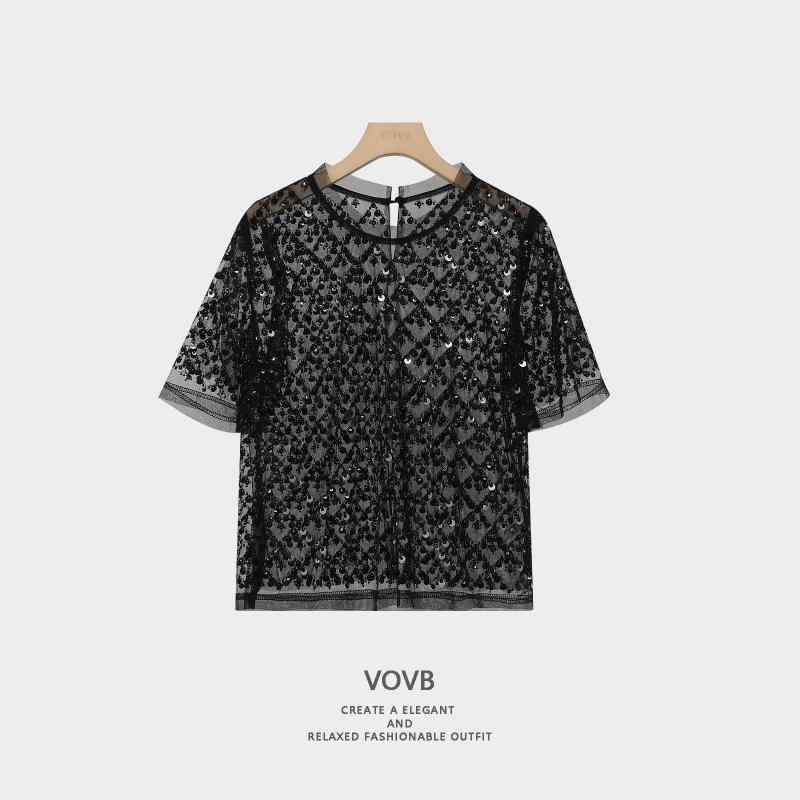 トップス 女性用 フレンチスタイル 高級感 気品 キラキラ 短袖 ビーズ刺繍 重厚 レースアップ 夏 軽量 コットン混 ブラック ピンク系 アイボリー 通勤 普段使い カジュアル 伸縮性 通気性