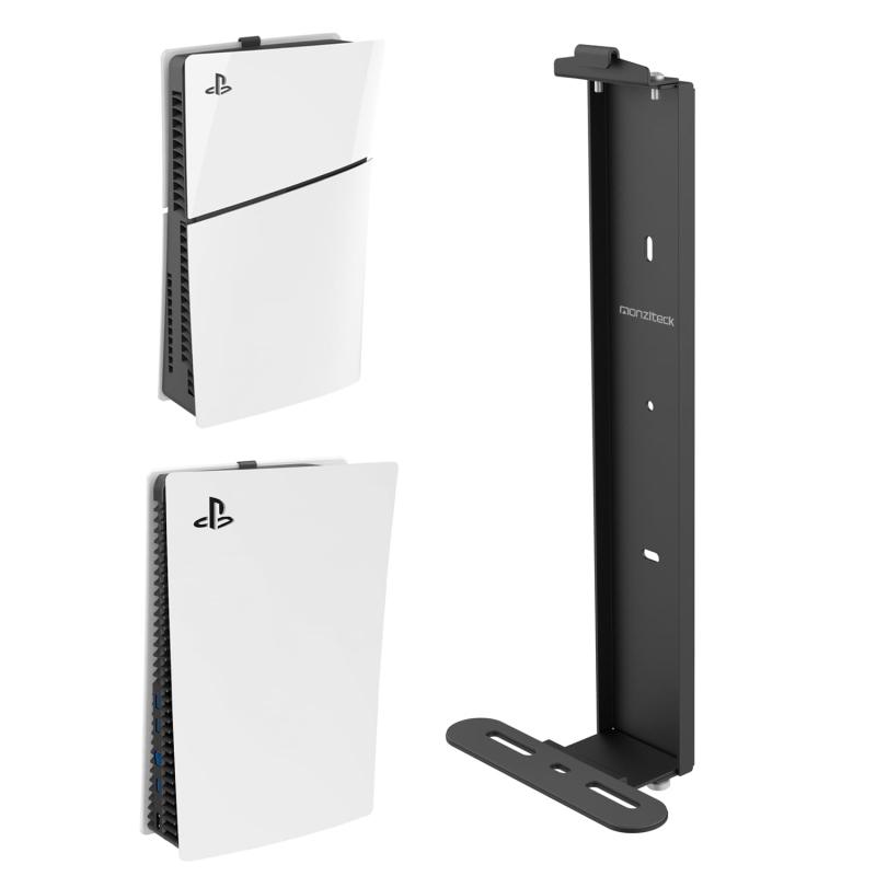 Monzlteck PS5スリム用ウォールマウント - PS5オリジナルおよびPS5スリム(デジタルおよびディスク)用スチールマウントウォールホルダーブラケット 頑丈で落下しない、+ コントローラーホルダー