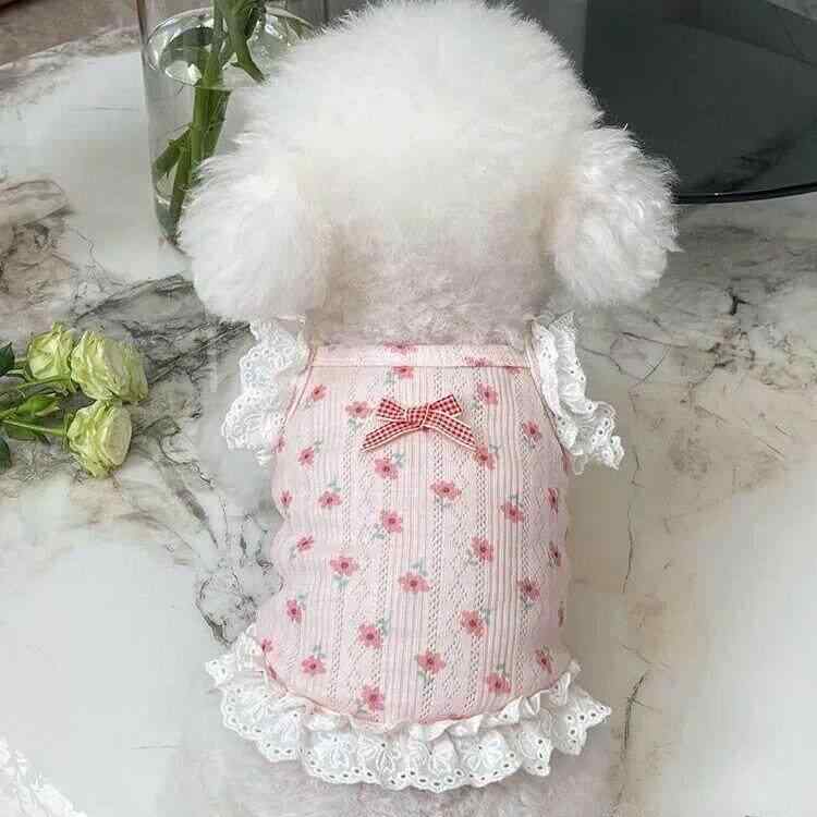 ペット服 春夏 小花柄 レース キャミソール 短め プリンセスドレス テディ犬用 ビションダッグ用 猫用 部屋着 かわいい 軽量 通気性 良い 綿混 素材 ピンク系 カラー
