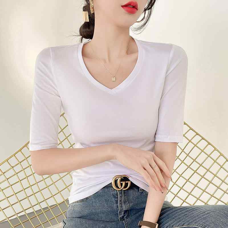 トップス 女性用 綿 白 Vネック 中袖 修身 デザイン 春夏 洋気 5分袖 吸湿速乾 軽量 普段使い インナー 接触冷感 トップス