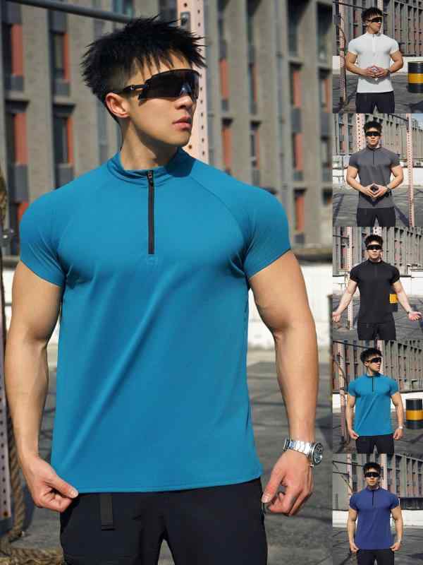 Rakuten - メンズ 半袖Tシャツ トレーニング 半ジッパー クロンコット 筋トレ バスケットボール 兄弟用 スポーツウェア 吸湿速乾 軽量 通勤 普段使い 伸縮性 再生繊維 ブラック グレー ネイビー 通年