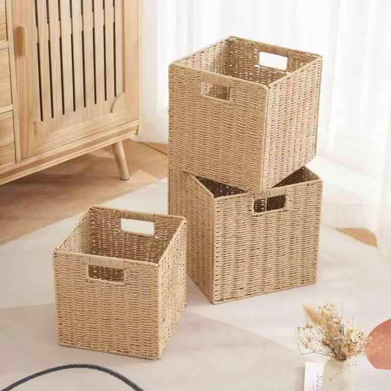 Baskets - 収納ボックス 藤編み 家庭用 多機能 衣類整理 お菓子入れ 玩具箱 雑貨カゴ 洗濯かご 風 ナチュラル素材 軽量 耐久性 インテリア雑貨 部屋収納 デスク上用 シンプル