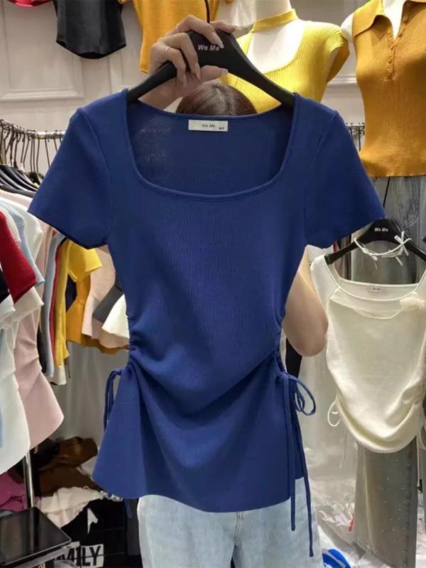Tシャツ トップス 女性用 夏 韓国風 方領 修身 スリム シワ加工 紐付き ゆったり 半袖 ニット 綿素材 吸湿速乾 接触冷感 カジュアル ブラック ピンク系 アイボリー 軽量 伸縮性 ビッグシルエット Vネック 通勤用 普段使い アウトドア
