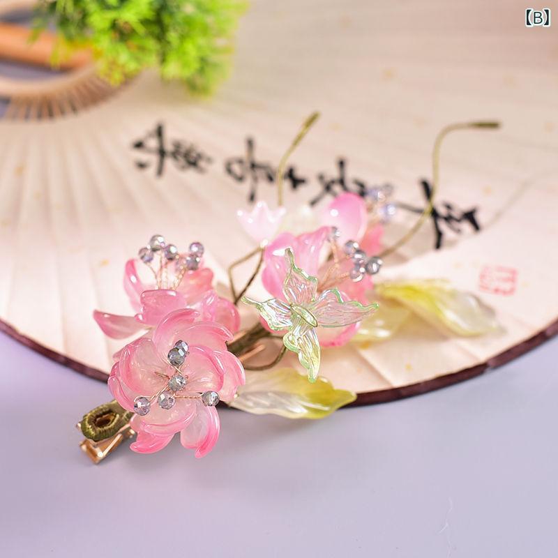 ベネフィメントショップのヘアアクセサリー 花柄 ヘアピン 花神 ヘッドドレス 琉璃 髪飾り 漢服 漢元素 桃花 かわいい 春夏 軽量 細工 伝統柄 ピンク系 女性用｜アングル2