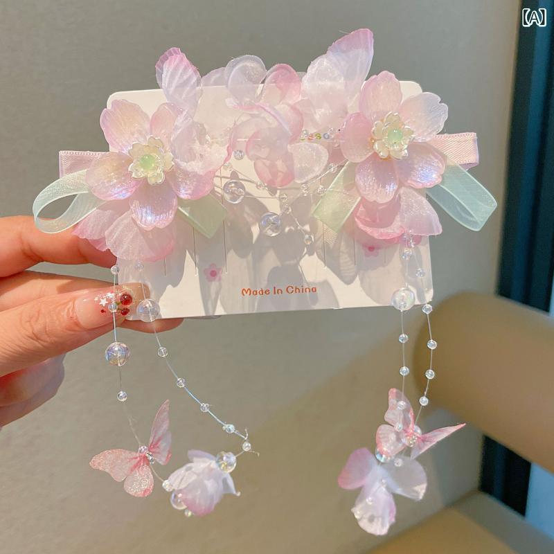 ヘッドアクセサリー 女児 古風 蝶 蝶結び リボン 編み込み ヘアクリップ 中華風 ステップシェイク タッセル プリンセス コスチューム ヘアアクセサリー かわいい 軽量 装飾品 ヘアピン 髪飾り 伝統風 少女用 ファンタジー アクセサリー