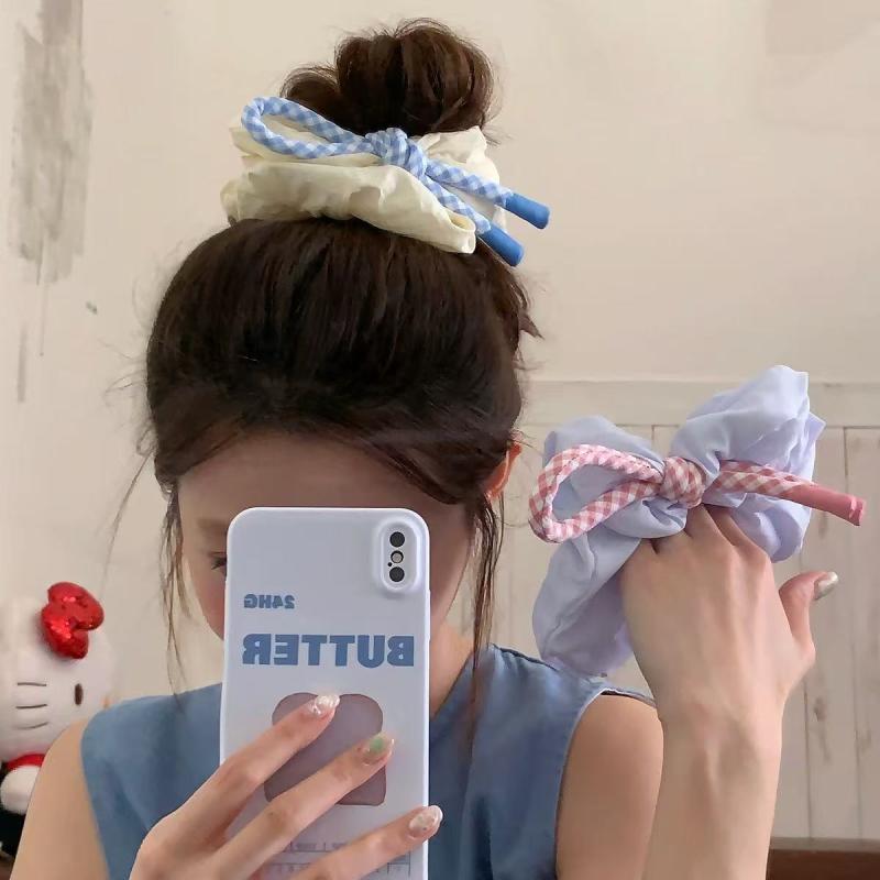 ヘアアクセサリー 女子用 かわいい ピンクブルー チェック柄 リボン結び フリル付...