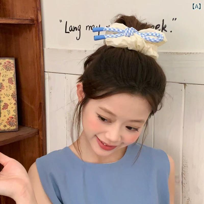 ヘアアクセサリー 女子用 かわいい ピンクブルー チェック柄 リボン結び フリル付...
