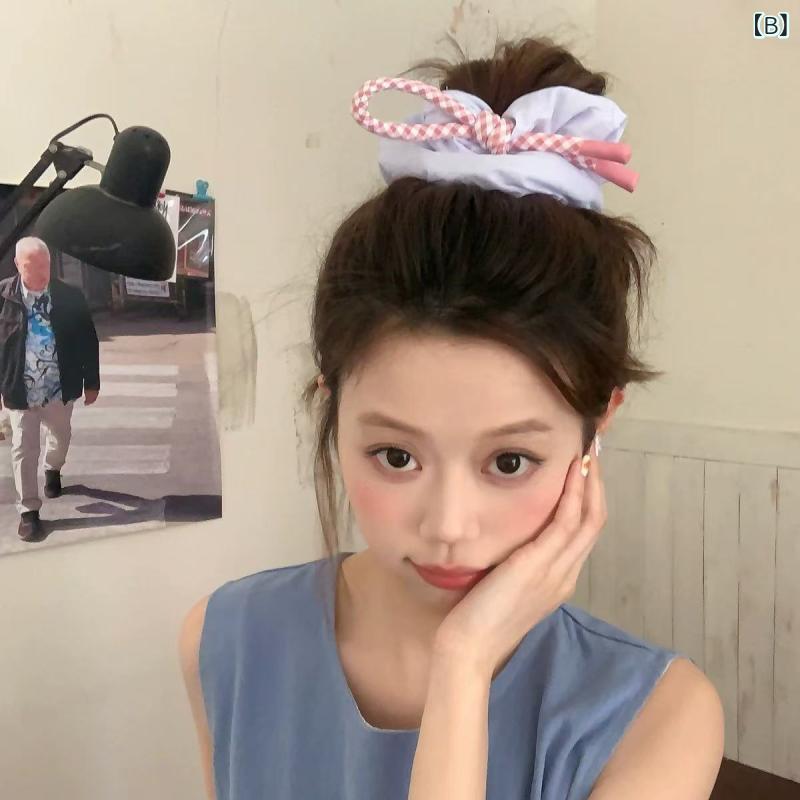 ヘアアクセサリー 女子用 かわいい ピンクブルー チェック柄 リボン結び フリル付...