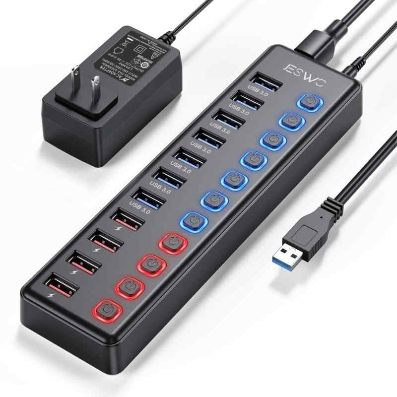 JESWO USBハブ 電源付き USB3.0ハブ 7ポートの 拡張+ 4充電ポート セルフパワー USB Hub 5Gbps高速データ伝送 USB3.0 拡張 独立スイッチ付き 12V3A ACアダプタ付き Android/Windows/MacBoo