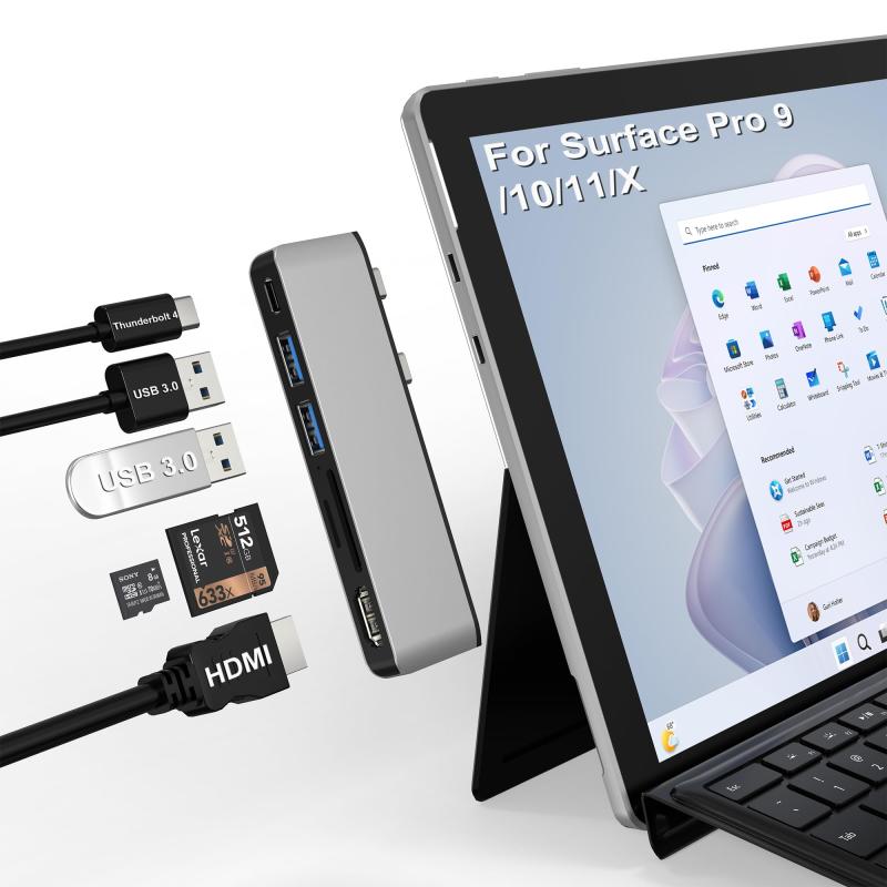 Surface Pro 12インチ 2025 USB Cハブ 専用 8-in-1 4K HDMI+Thunderbolt 4 ポート (4K@60Hzビデオ出力/ 40Gbps データ転送/100W PD充電)+2*USB3.0ポート+100Mbps L