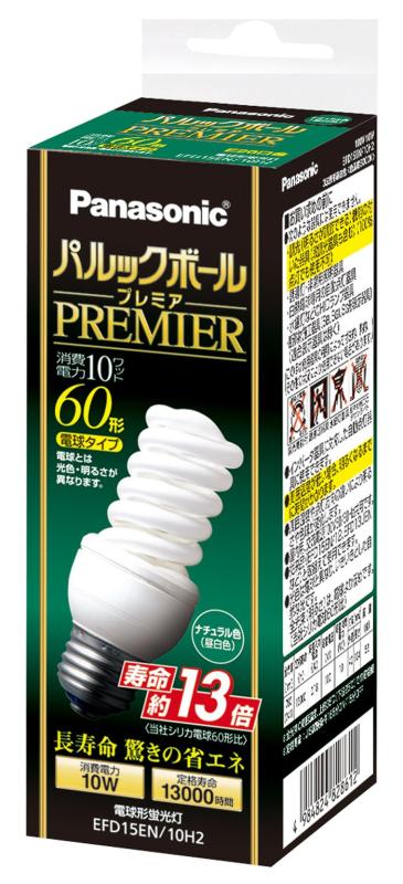 パナソニック パルックボールプレミア D15形 ナチュラル色 電球60形タイプ 口金直径26mm 780 lm EFD15EN10H2サイズ:10.4×4.0cm本体重量:0.052Kg定格電圧:100V 50/60Hz共用定格消費電力:10W定格寿命:13,000時間(定格寿命は平均値であり、値ではありません。)スペック:光色=ナチュラル色、全光束 (ランプ単体の明るさ)=780 lm(741 lm)1、色温度=5000K 1 全光束は周囲温度35℃の定格値。( )内の数値は周囲温度25℃の定格値。定格入力電流:0.18A、口金直径26mm消費効率:74.1lm/W、省エネ達成率=114%