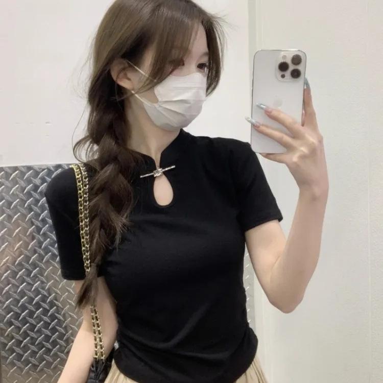 Tシャツ 女性用 夏 白色 立襟 肩正 短袖 収腰 修身 スリムフィット トップス 軽量 綿素材 切り替えデザイン 通勤 普段使い 接触冷感 ハイネック ビッグシルエット