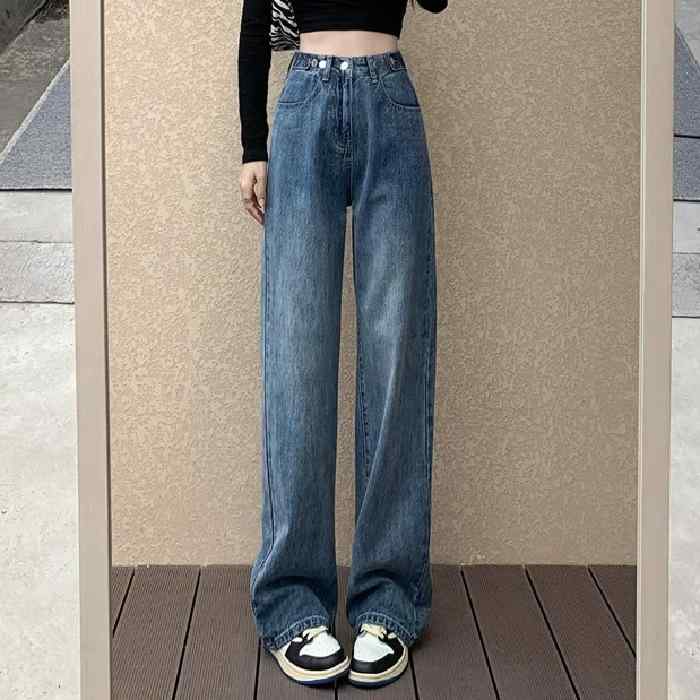 Rakuten - デニムパンツ 女性用 秋冬 ハイウエスト ストレート 牛仔素材 復古デザイン ワイドレッグ ゆったりシルエット 肉感カバー スリム効果 垂れ感 軽量 伸縮性 普段使い 通勤 通年対応 ブラック ブルー グレー
