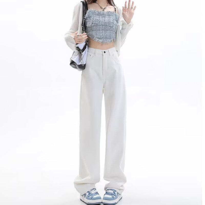 樂天商城 - デニムパンツ レディース 春夏 白色 ワイドレッグ ストレート ハイウエスト ロング ゆったり コットン 伸縮性 軽量 通勤 普段使い デニム 綿素材 切り替え ビッグシルエット