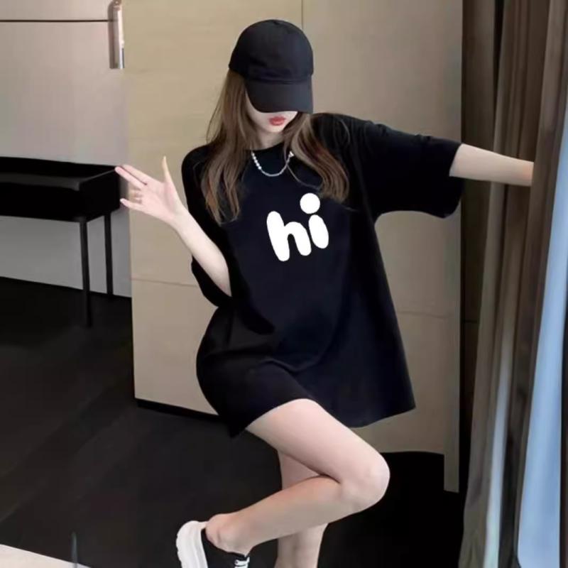 樂天商城 - Tシャツ レディース 短袖 中長丈 ビッグサイズ 百搭 カジュアル ゆったり スリム アルファベットプリント トップス 夏 接触冷感 綿素材 軽量 通勤 普段使い ブラック アイボリー ピンク系
