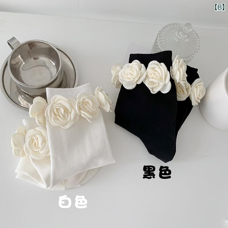 靴下 レディース 山茶花 バラ 花柄 中筒 コットン 秋 かわいい ソックス 女性用 中...