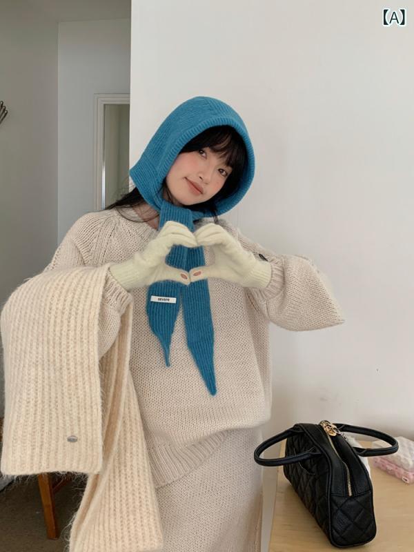ベネフィメントショップのレディース 冬用 ブルー バラクラバ ニット帽 毛糸 暖か 伸縮性 フェイスカバー 付き 帽子 小紅帽 風｜アングル2
