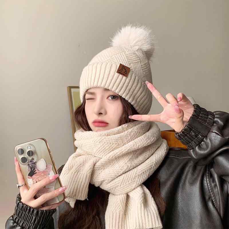 Knit Hat - レディース 秋冬 ニット帽 マフラー セット 暖か 厚手 ウール素材 保温性 韓国 ファッション コーディネート 日常使い ベーシック スタイル