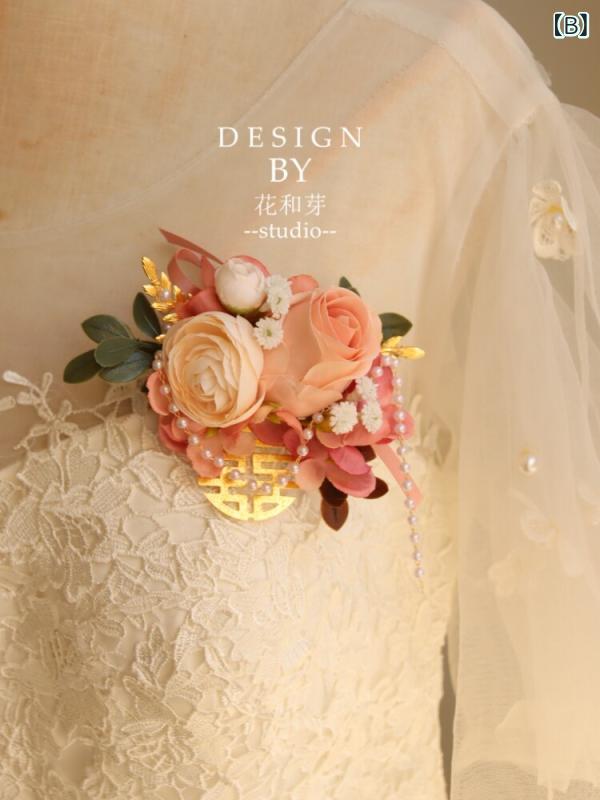 ベネフィメントショップのコサージュ 結婚式 開業式 新郎新婦用 ワインレッド 花柄 パール 喜字 ナチュラル ブローチ ピン留め フォーマル アクセサリー｜アングル2