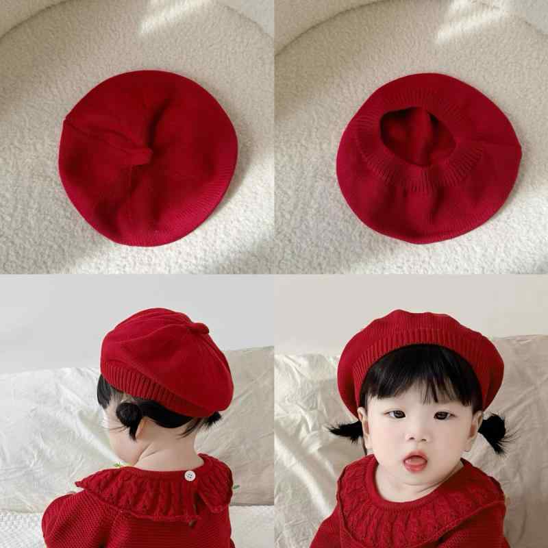 ベビー帽子 赤 ニット帽 ベレー帽風 韓国スタイル かわいい 画家帽 綿素材 女の子 男の子 ユニセックス 軽量 柔らかい 普段使い