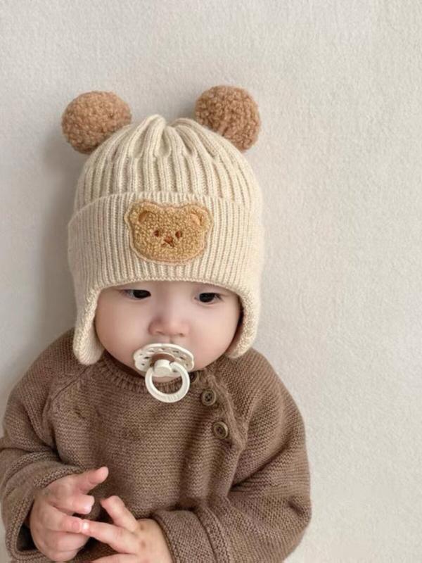 Knit Hat - ベビー帽子 子供用 耳あて ニット帽 かわいい クマ柄 冬 暖か 厚手 毛糸 韓国 乳幼児 柔らかい素材 保温性 伸縮性