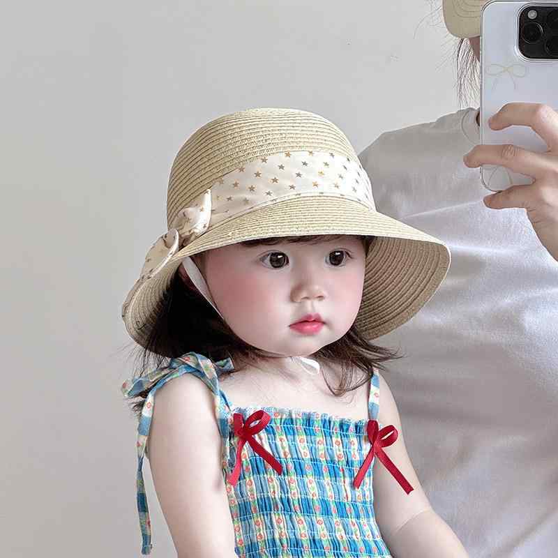 麦わら帽子 女の子 子供 夏用 日よけ UVカット 漁夫帽風 かわいい 蝶結び 大つば 軽量 通気性 ビーチハット