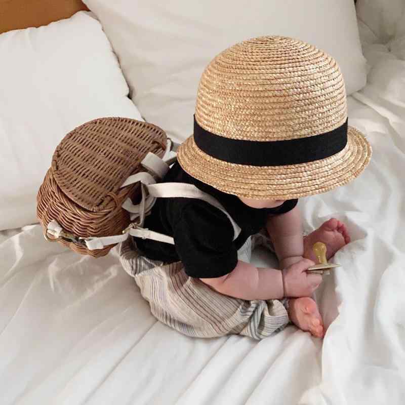 ベビー 帽子 夏用 かわいい 丸型 ストローハット ビーチハット 男女兼用 遮陽 日よ...