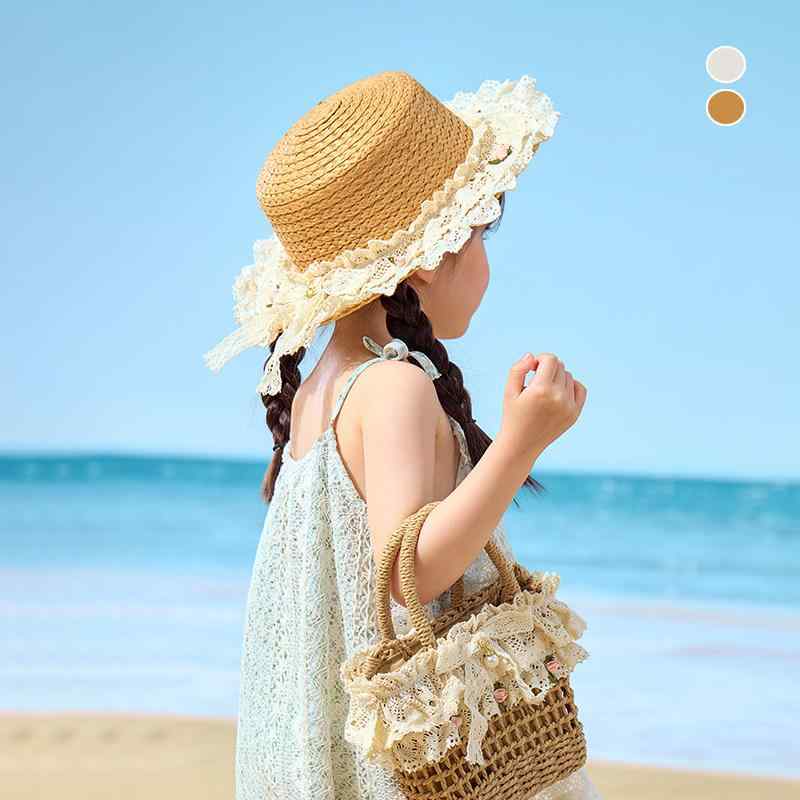 女の子用 麦わら帽子 夏 日よけ UVカット 平頂 レース縁 プリンセス風 親子 かわい...