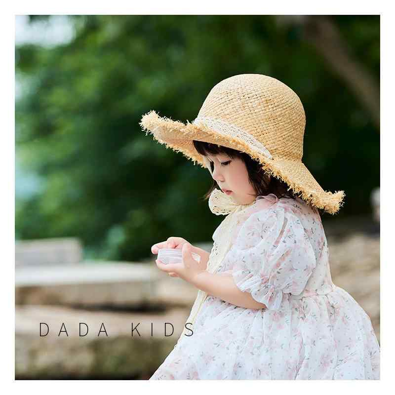 麦わら帽子 女の子用 ラフィア素材 夏用 ビーチ 日よけ レース リボン紐 かわいい ...