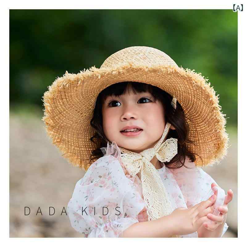 麦わら帽子 女の子用 ラフィア素材 夏用 ビーチ 日よけ レース リボン紐 かわいい ...