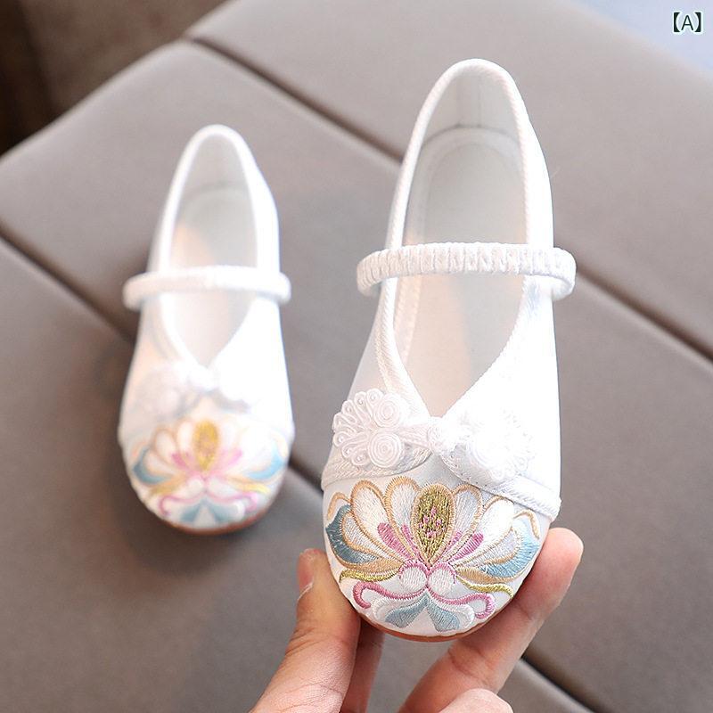 女児 刺繍靴 漢服風 伝統布靴 民族ダンスシューズ 古装プリンセスシューズ 布素材 ...