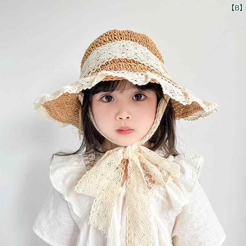 女の子用 子供 麦わら帽子 夏 ビーチ 日焼け防止 UVカット 大つば 軽量 通気性 涼...