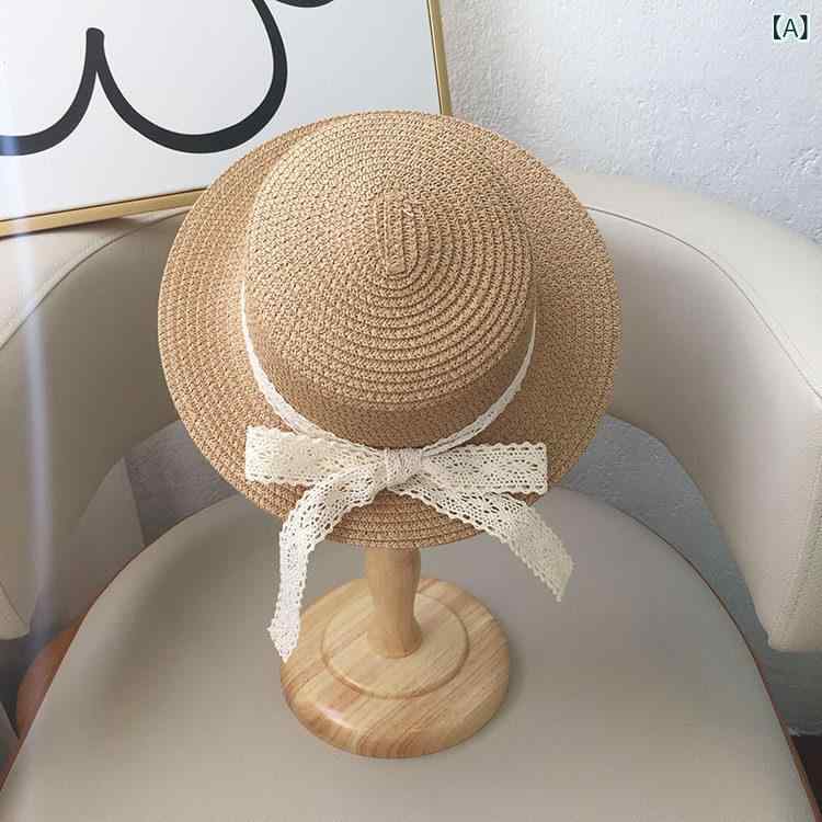 ベビー 女の子 夏用 麦わら帽子 UVカット 日よけ 海辺 ビーチ 遊び用 レース リボ...