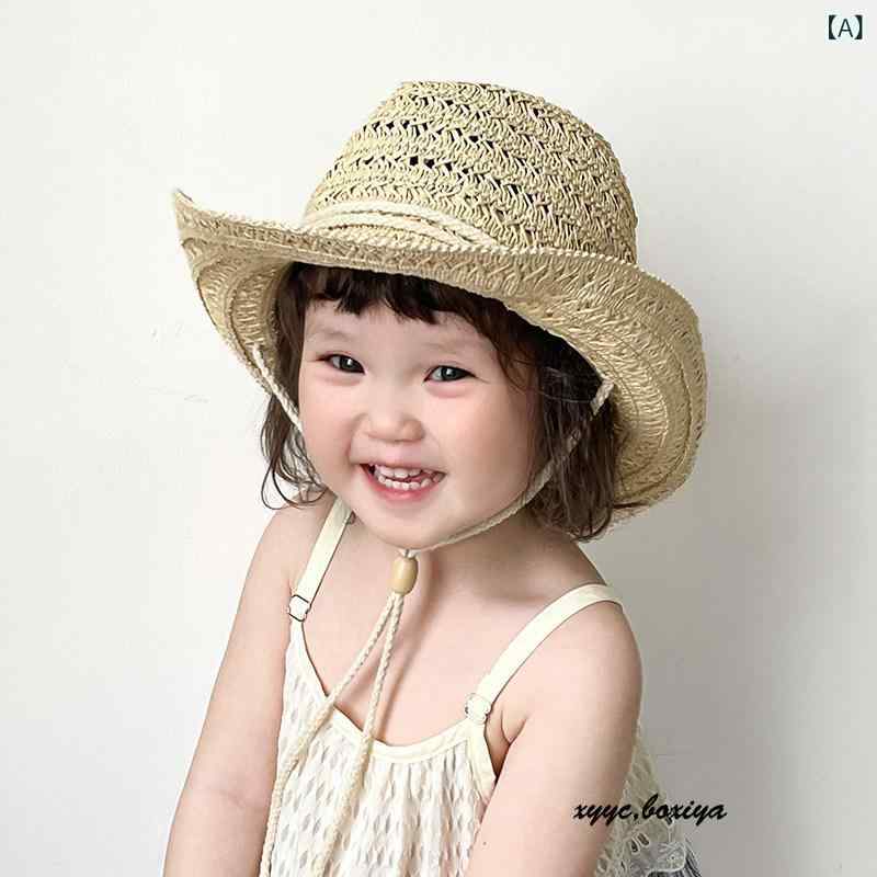 子供用 夏 麦わら帽子 通気性 遮陽 防晒 漁夫帽 ビーチ ストロー キャップ 男女兼...