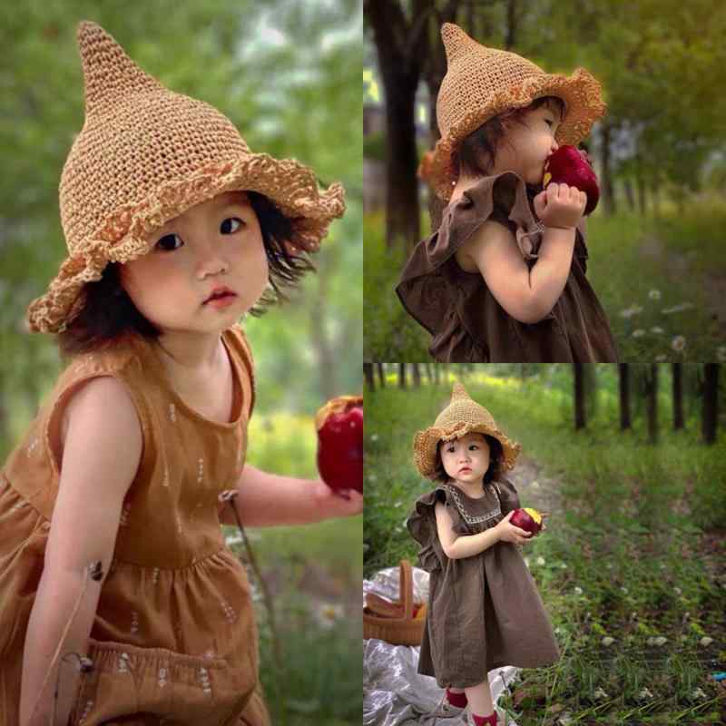 Straw Hat - 女の子用 バケットハット おしゃぶり付き 手編み 夏用 子供 日よけ帽 かわいい カジュアル ベビー 帽子 通気性 軽量 UVカット 遮光 休闲スタイル 編み込み 幼児向け 屋外遊び