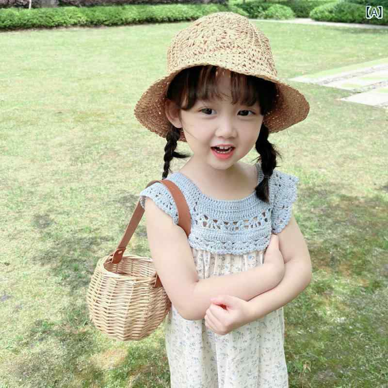 帽子 女の子用 子供 夏用 麦わら帽子 バケットハット UVカット 日よけ帽 軽量 通気...