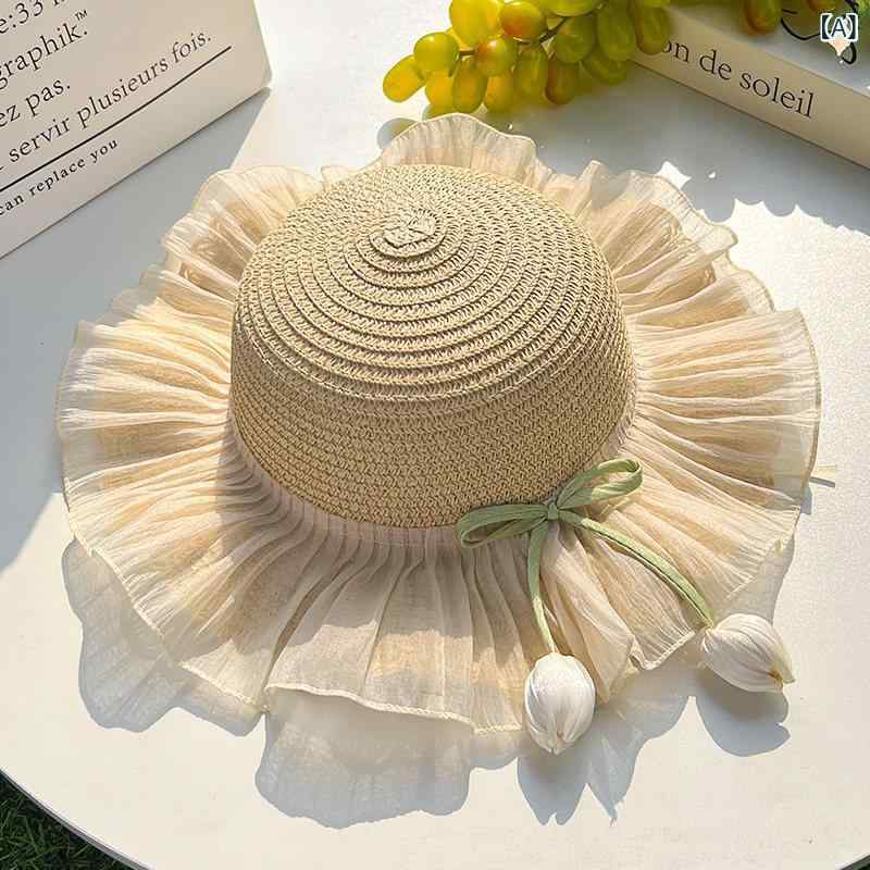 Straw Hat - 麦わら帽子 女の子用 夏 大つば UVカット 日焼け防止 ビーチハット プリンセス調 フィッシャーマン かわいい 軽量 涼しい ストロー素材 ワイドブリム 子供向け 屋外遊び