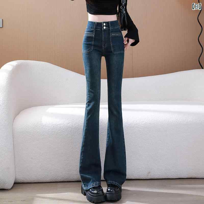 ベネフィメントショップのパンツ レディース ズボン ジーンズ デニム ロングパンツ フレアパンツ ブーツカット ハイウエスト 裏起毛 厚手 保温 防寒 秋冬 ゆったり 美脚 着痩せ 細見え 体型カバー カジュアル ストレッチ 伸縮性 普段使い 通勤用 シンプル 無地 スタイルア｜アングル3