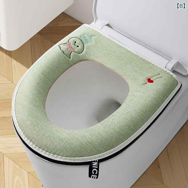 トイレ便座カバー 麻素材 通気性 刺繍 ジッパー付き 防水 汎用 高級感 快適 クッシ...