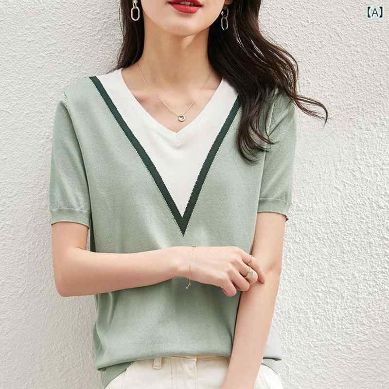 樂天商城 - レディース 夏 短袖 Vネック 配色 接触冷感 ニット Tシャツ カジュアル スタイルアップ トップス 軽量 吸湿速乾 伸縮性