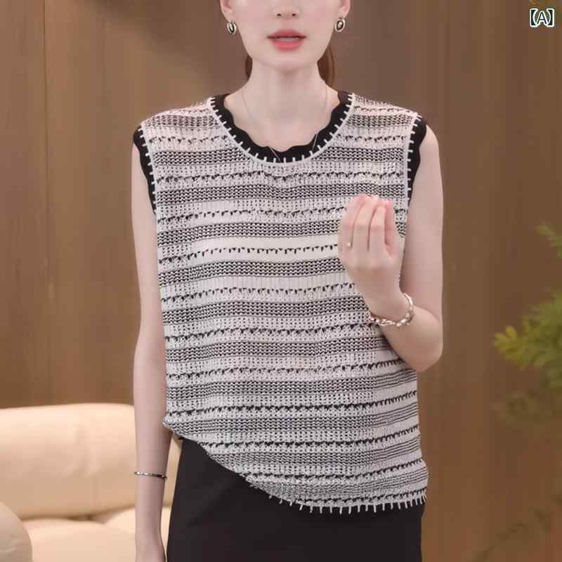樂天商城 - Tシャツ レディース 夏 ノースリーブ ニット ラウンドネック トップス かわいい 普段使い 軽量 伸縮性 吸湿速乾