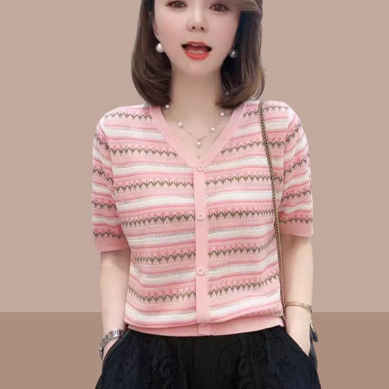 トップス レディース Vネック 接触冷感 ストライプ 半袖 Tシャツ ニットソー 春夏 ゆったり 大きいサイズ 体型カバー 着痩せ 細見え 伸縮性 吸湿速乾 軽量 カジュアル きれいめ おしゃれ オフィス 通勤用 普段使い 部屋着 アウトドア 二の腕カバ