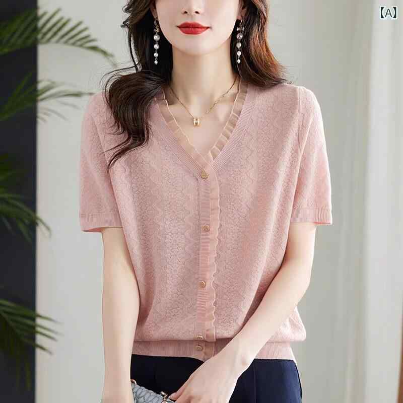 Knitting, Sweaters - Tシャツ レディース Vネック 短袖 夏用 接触冷感 シルク 薄手 ゆったり 大きめ 腹隠し カジュアル トップス ニット風 軽量 吸湿速乾 ブラック ピンク系 アイボリー